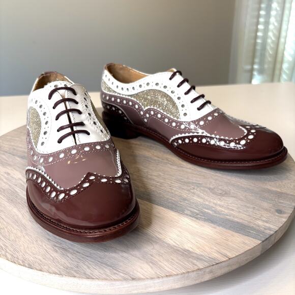 Angela Scott Mr. Doubt Oxford Brogues Brown White Patent Leather Shoes 38 US 8 - Picture 1 of 14